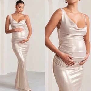 GALAXY SHIMMER GOLD BIAS CUT COWL FRONT MAXI DRESS 6 NWT